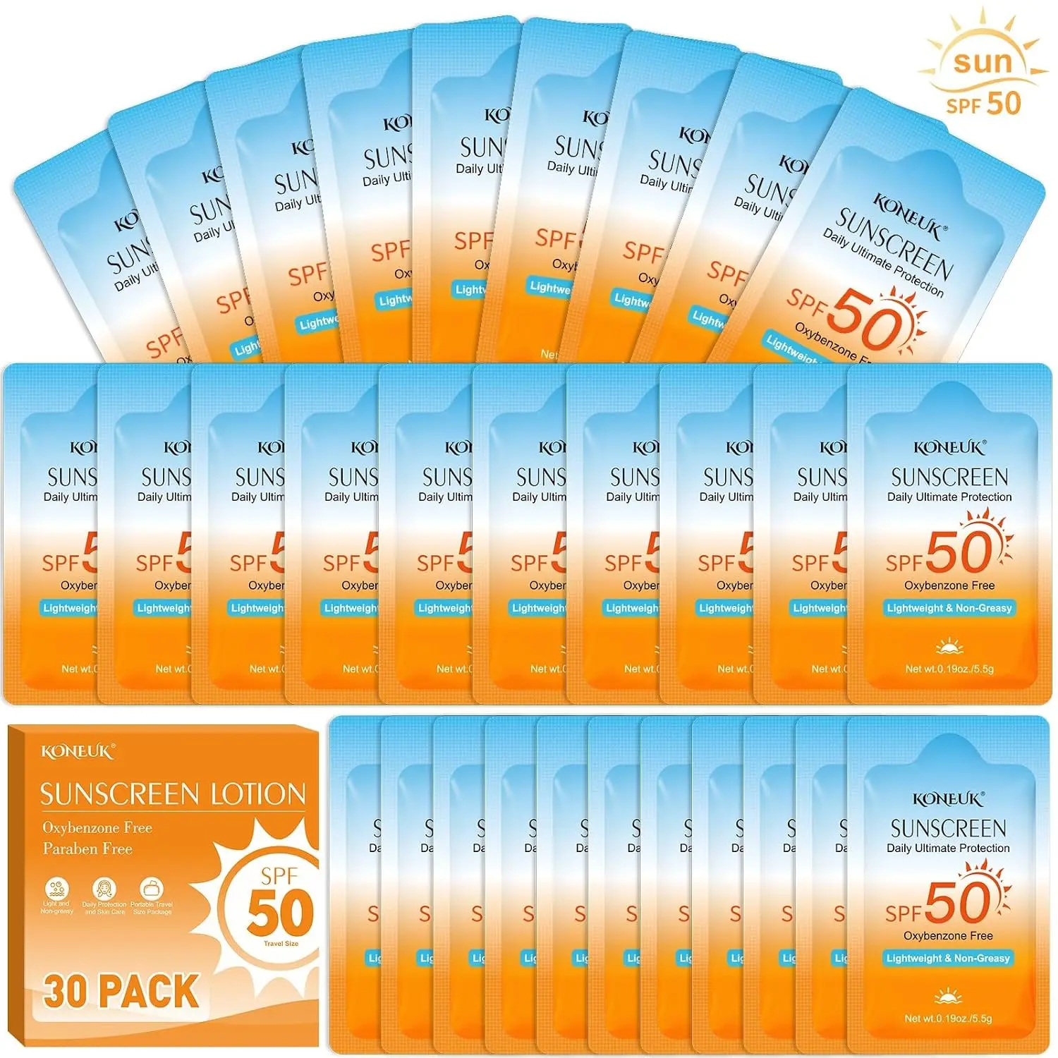 30 Pack Travel Size SPF 50 Sunscreen, Mini Sunscreen for Face and Body