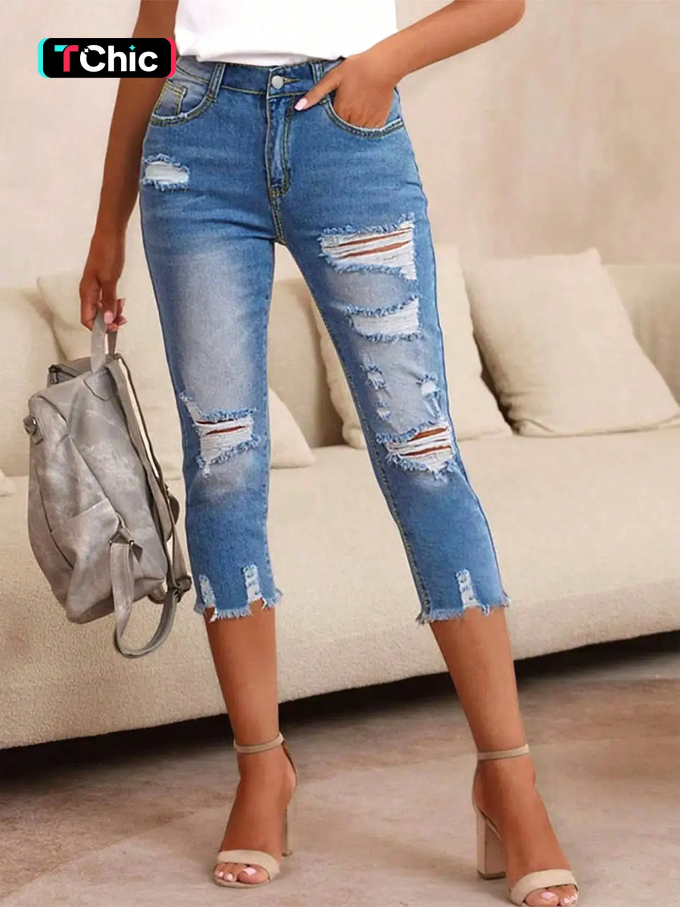 Fashion Ripped Women's Jean Cropped Capri Pants, Slim Fit Elastic Casual Jeans, Perfect for Daily Wear, Lightweight Comfortable, Summer Essential