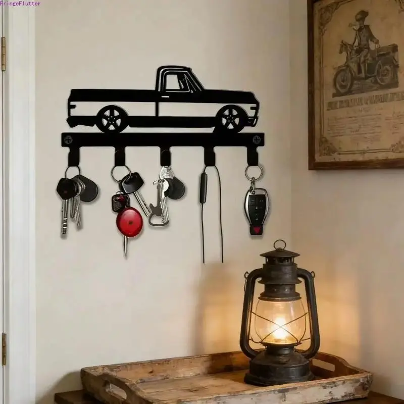 Vintage Truck Cast Iron Wall Mount Hook, Rustic Letter Graphic Key Holder Organizer for Keys Hats & Bags, Farmhouse Industrial Style Storage Decor for Entryway, Garage, Kitchen and Bathroom