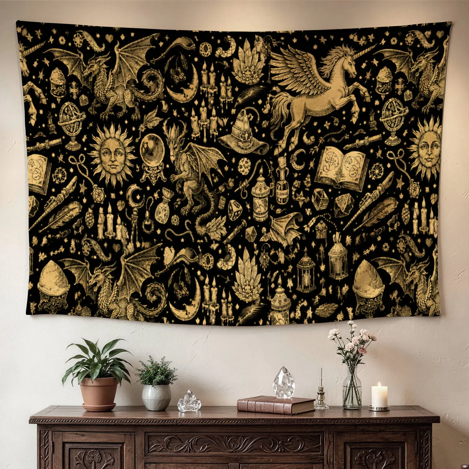 Vintage Fantasy Dragon & Unicorn Polyester Wall Tapestry - Large Horizontal Printed Wall Hanging, Hippie Home Decor Artwork, No-Installation Room Decor, Gift Idea for Family & Friends (Indoor-Outdoor Use)