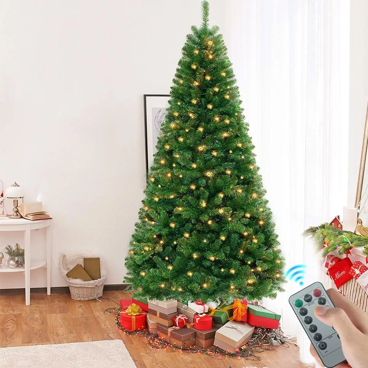 5.9ft Artificial Christmas Tree, 200 Warm White LEDs with Remote & Timer, 900 Branch Tips Slim Hinged Design for Corners, Easy 3-Section Assembly for Home Office Holiday Decor (Green, Metal Stand Included)