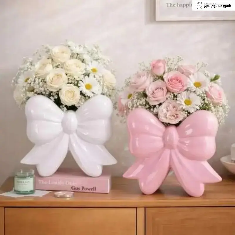 Bow Shape Pink Decorative Vase - Aesthetic Room Decor Table Centerpiece, Cute Home Decor Gift