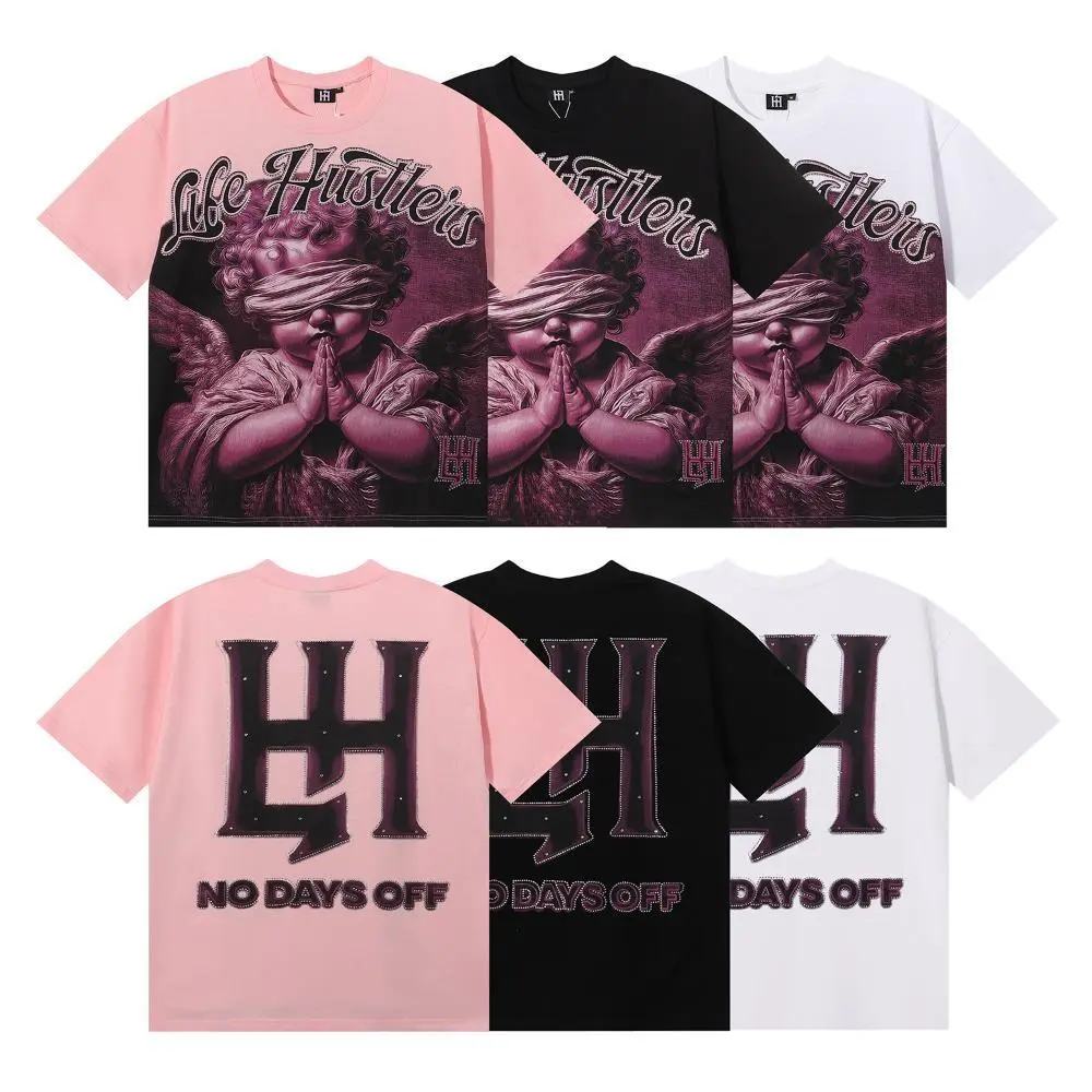 Unisex Premium Double Cotton Crew Neck Graphic Tee, Loose Casual Short Sleeve, Life Hustlers Masked Angel Archery Full Rhinestone Print, Breathable Streetwear T-Shirt for Summer Festivals & Sports Daily Outfits | graphic tees | oversized t shirt