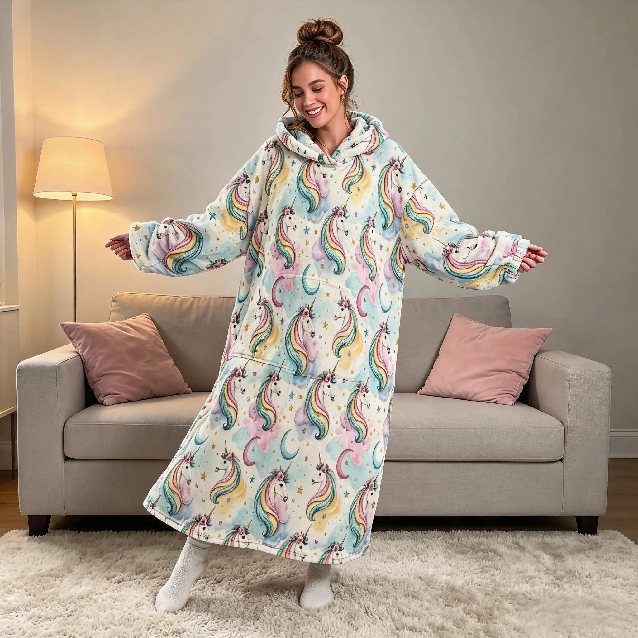 1pc Flannel Long Sleeve Wearable Blanket, Rainbow Unicorn Dreamy Sweet Girl Style, Hooded Coat with Large Pockets, Perfect Gift for Girls