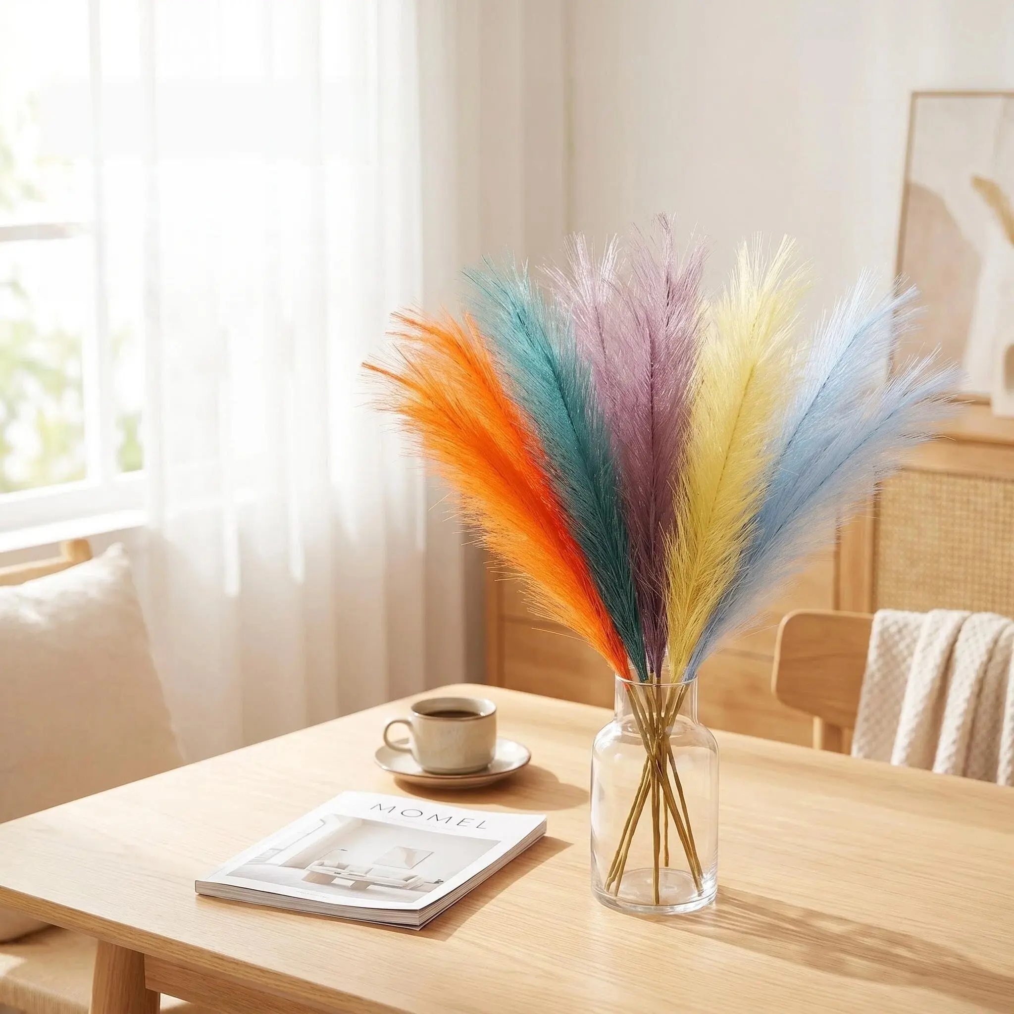 15Pcs Macaron Rainbow Pampas Grass Bendable Stem Fluffy Artificial Reeds for Boho Home Decor, Wedding Vase Centerpiece, Party Floral Arrangement, Decorative Artificial Plants