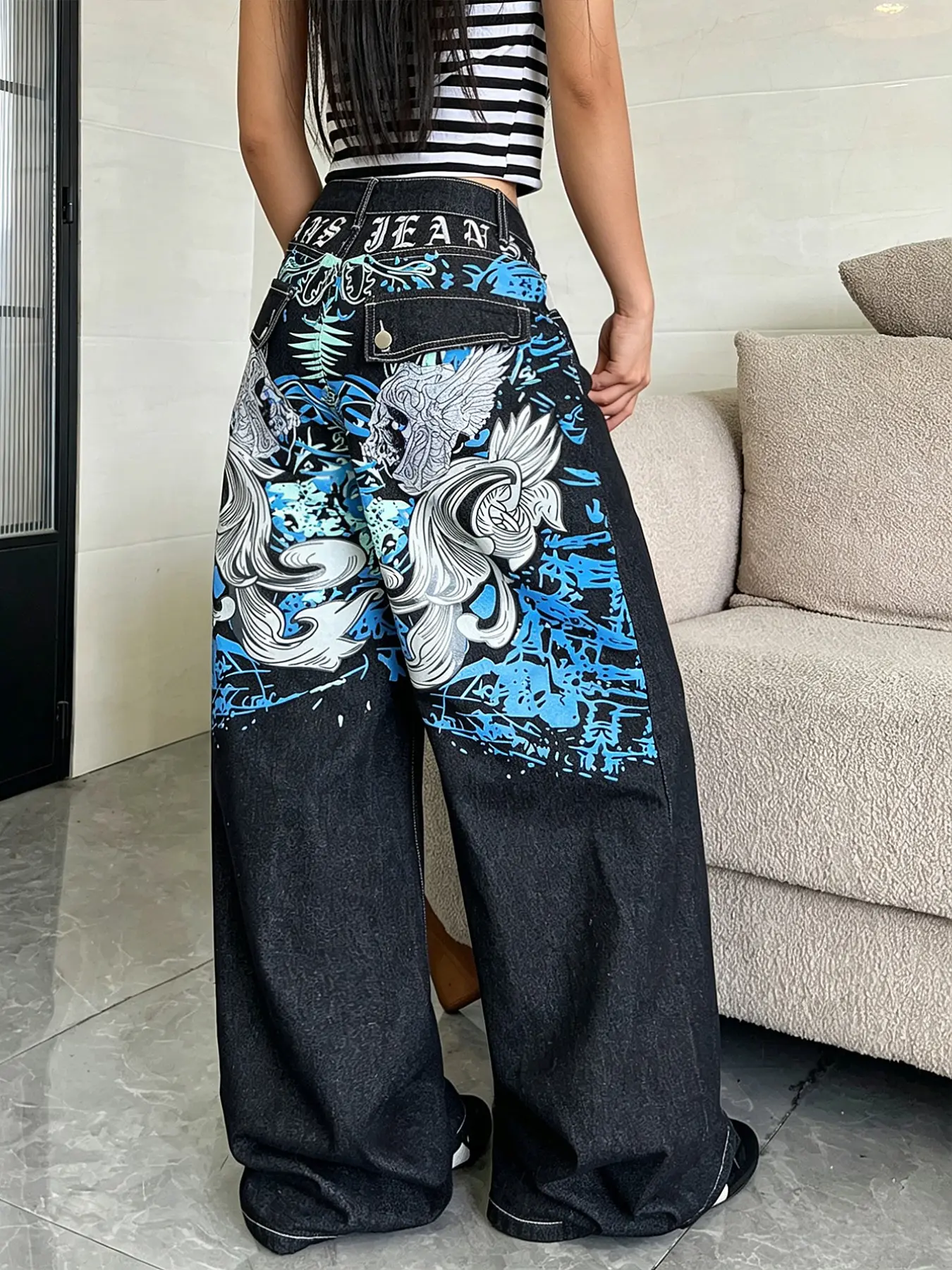 Women's Loose-Fit Street Style Jeans, Streetwear, Graffiti Print Embroidery High-Waisted Skinny Leg Pants, Trendy Long Pants (without Belt/decorations)