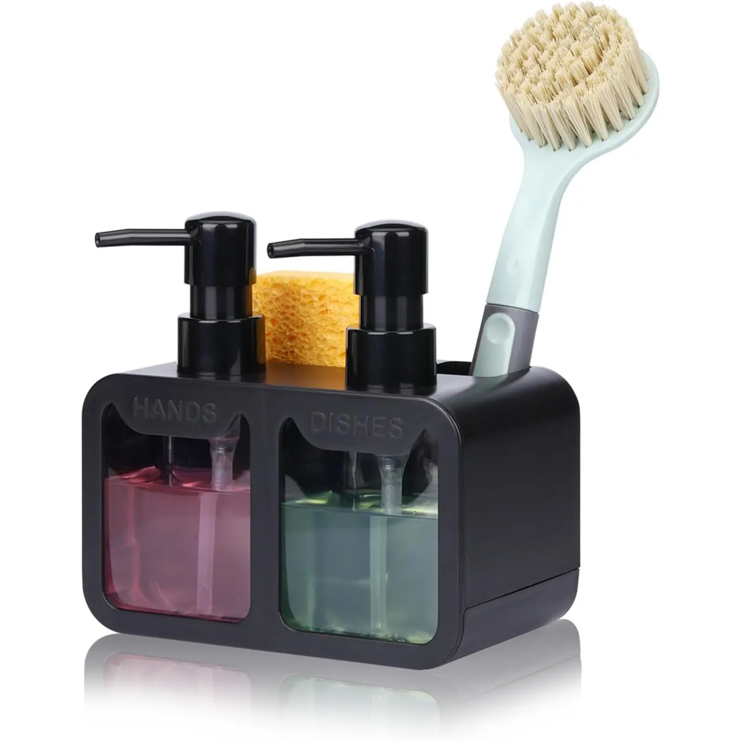 Dish Soap Dispenser for Countertop with Sponge and Brush Holder - Refillable Non-Slip Dual Pump  Dispenser Soap Dispenser for Sink, Gadgets – Black