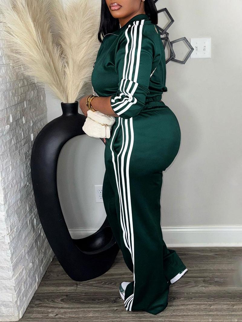 Women's Casual Long Sleeve Zip Up Jacket & Pants Set for Spring & Fall, Women's Clothes for Daily Wear, Streetwear Tracksuit Set