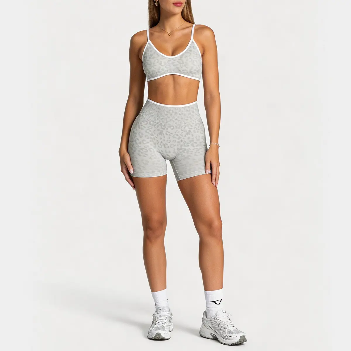 Women Leopard Print 2 Piece Workout Set, Contrast Trim Sports Bra & High Waist Biker Shorts Outfit, Stretch Yoga Gym Activewear Set