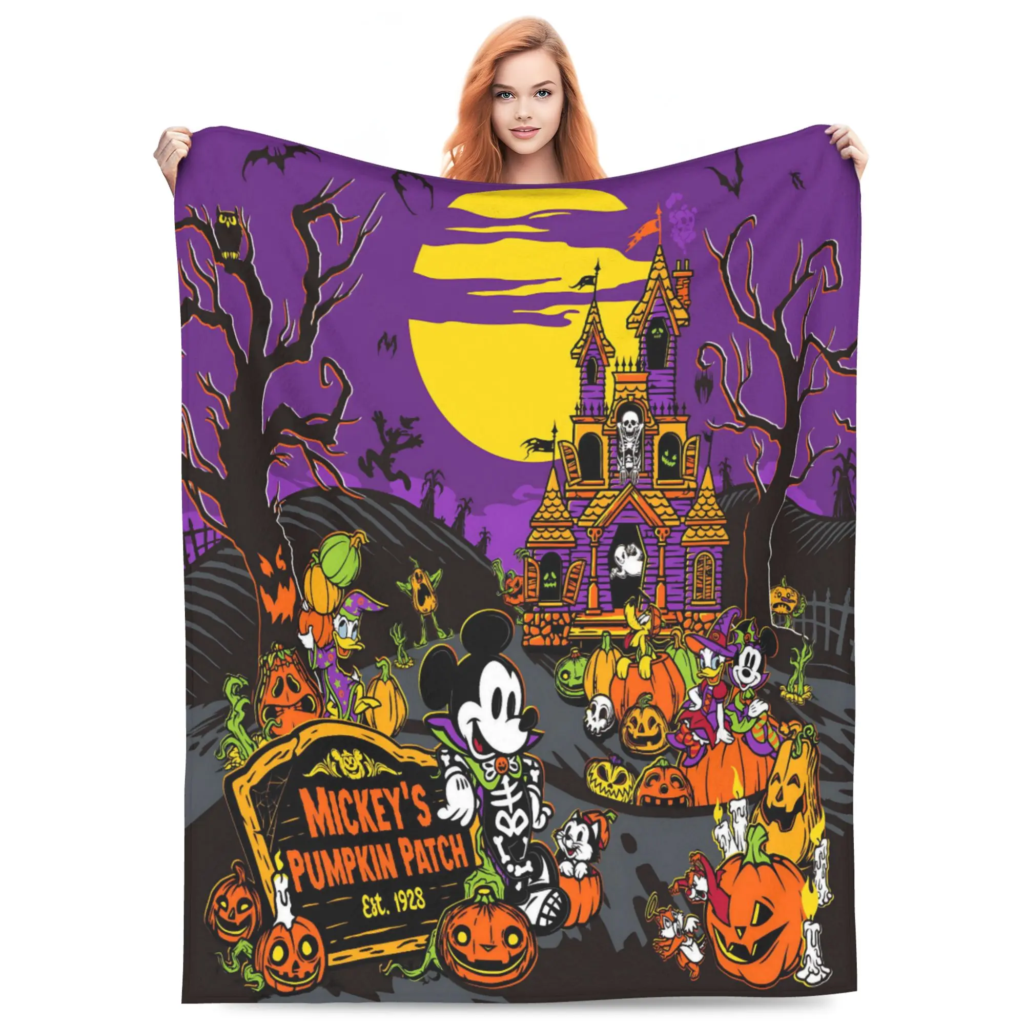 DISNEY CLASSIC Mickey’s Pumpkin Patch Halloween Flannel Blanket. Skeleton Mickey, Minnie and crew, haunted mansion, twisted trees & yellow moon. Soft cozy throw, retro gift for Disney Halloween fans.