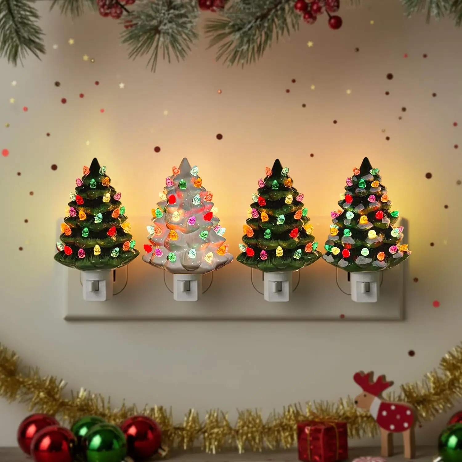 Christmas Ceramic Tree Night Light 4 Pack - 6" H Tabletop Holiday Nostalgic Decorative Lights with /Off ,  Night Light for  Bedroom Bathroom Living Room Porch Holiday Decor