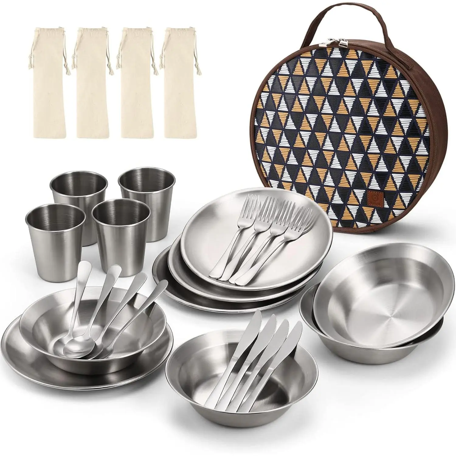 Stainless Steel Camping Mess Kit for Family & Person, Cooking Tableware Utensils with Plates Bowls Forks Spoons Knives & Savings Bag for Camping, Backpacking, Hiking, Picnic