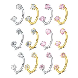 2Pcs Stainless Steel Internally Threaded C-Shape Horseshoe Piercing Rings, Claw Set Zircon Nose Lip Ear Jewelry Unisex