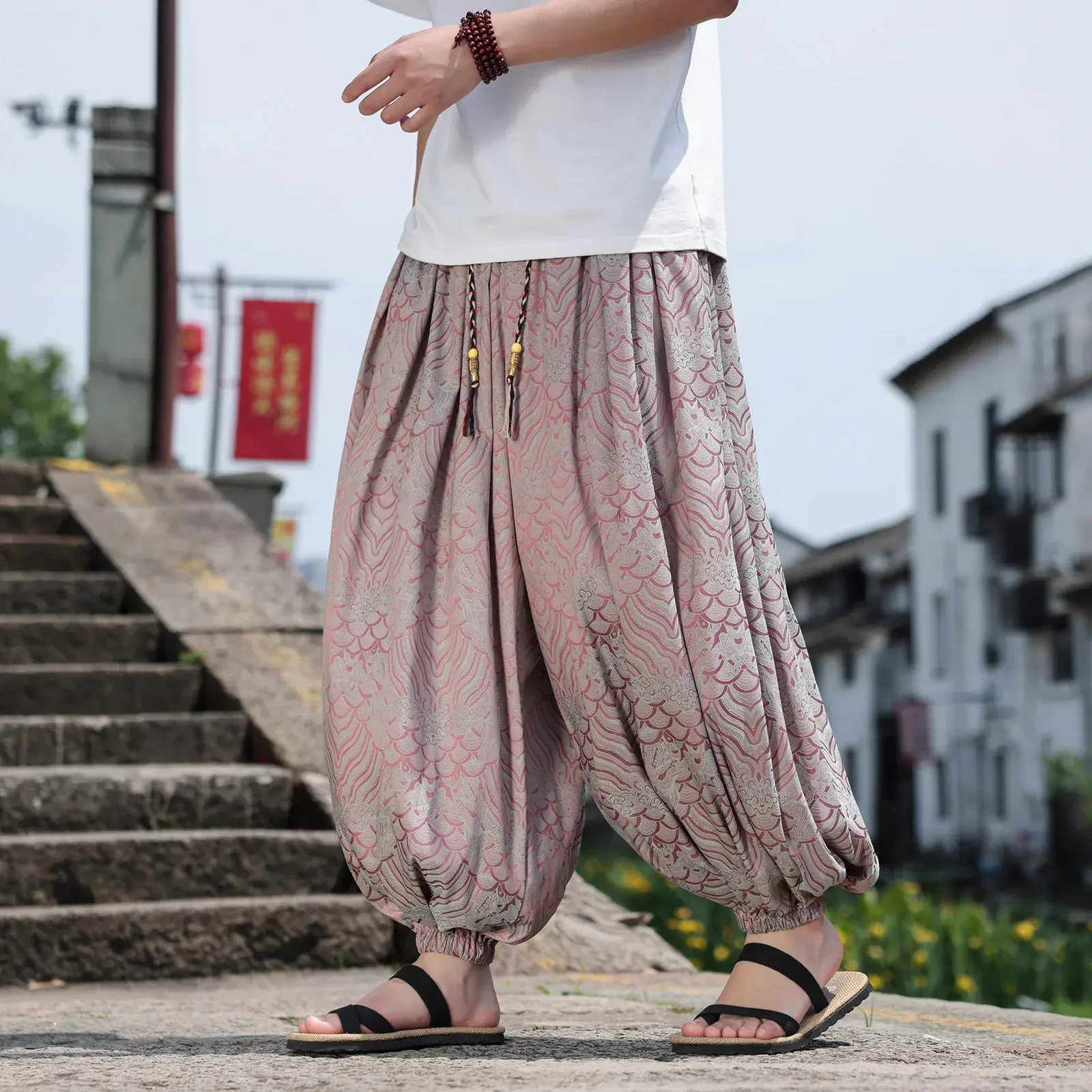 Men's Retro Wide-Leg Harem Pants - Breathable Fabric, Oversize Comfortable Menswear, Fashion Vibe Streetwear Trousers, Plus Size Up to 8XL (Unisex Fit), Oversized, Soft, Polka Dot, Coin Pockets, High Waist, Cotton Knit