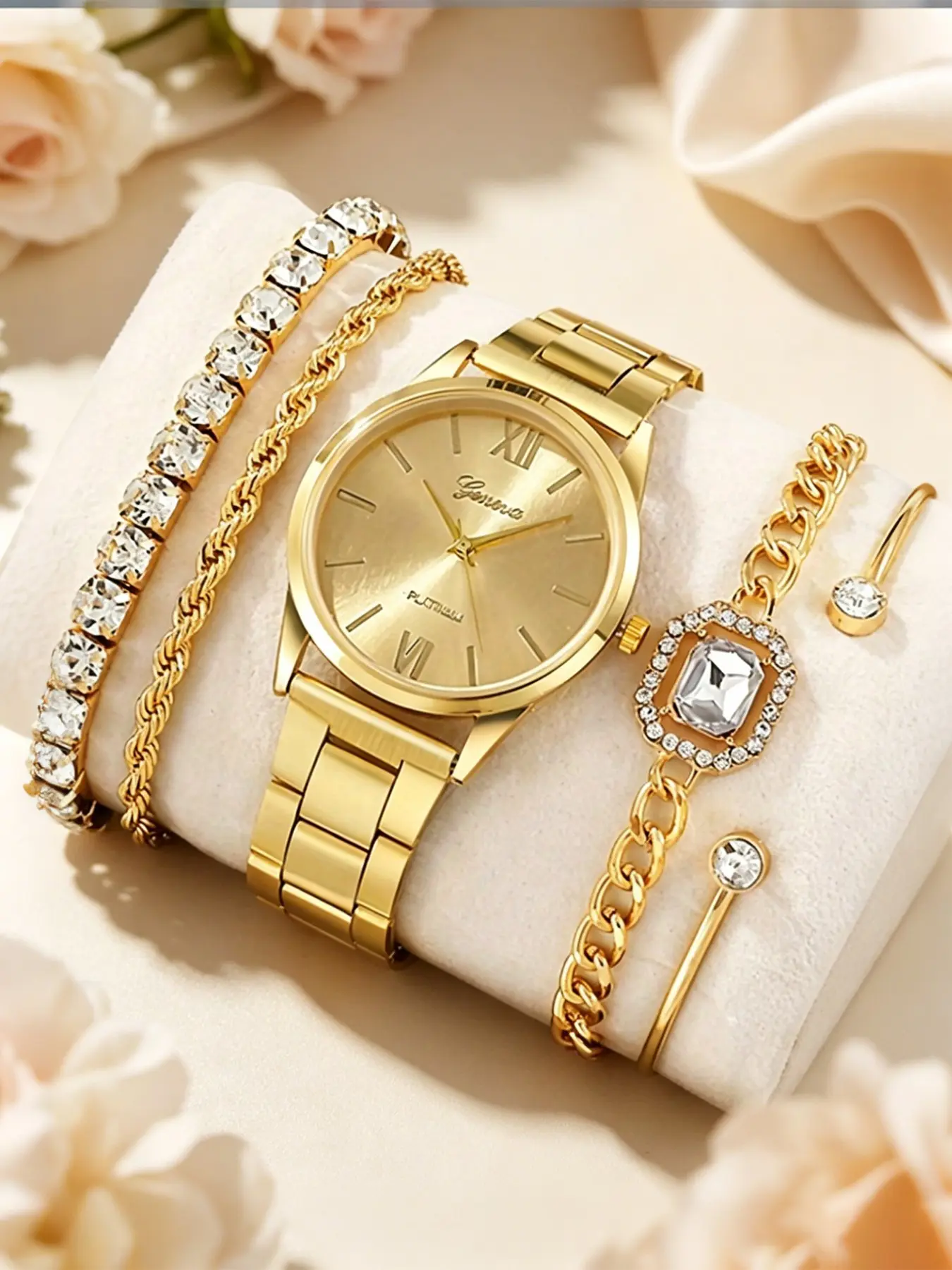 5-Piece Set Women's Ultra-Thin Quartz Watch, Stainless Steel with Rhinestone Bracelet, Daily Wear, Valentine's Day Gift