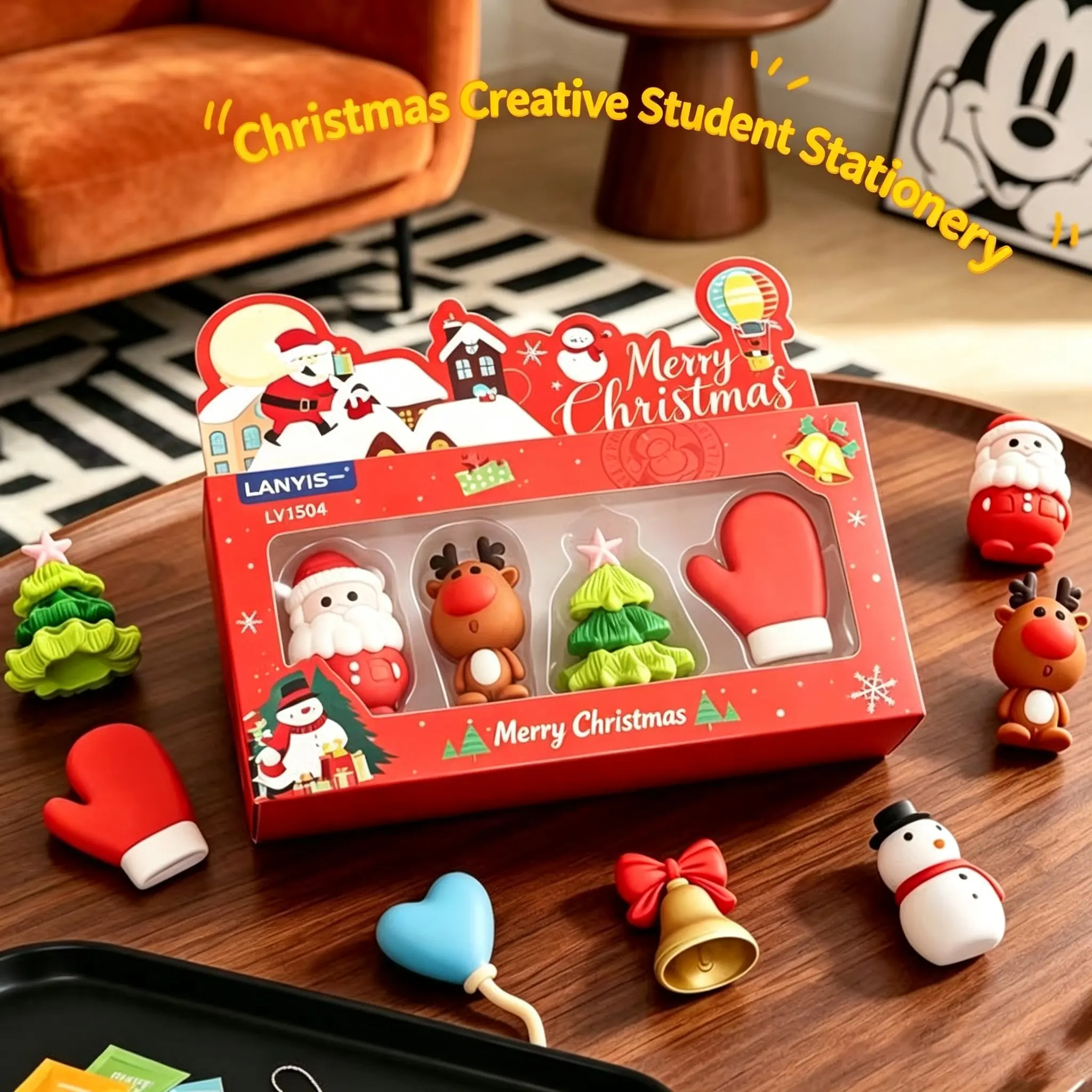 Christmas Cartoon 3D Rubber Eraser Gift Box, 3D Cartoon Design, Stationery and Decorative Item, Perfect for Holidays and Gifts
