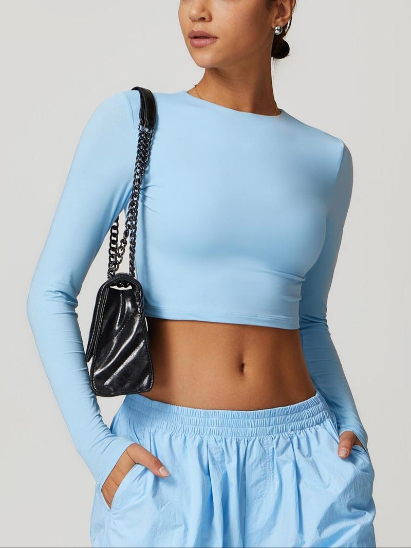 Women's Solid Long Sleeve Sports Tee, Casual Comfy Breathable T-shirt, Athletic Yoga Tops for Yoga Gym Workout Running, Ladies Sportswear for Spring & Fall