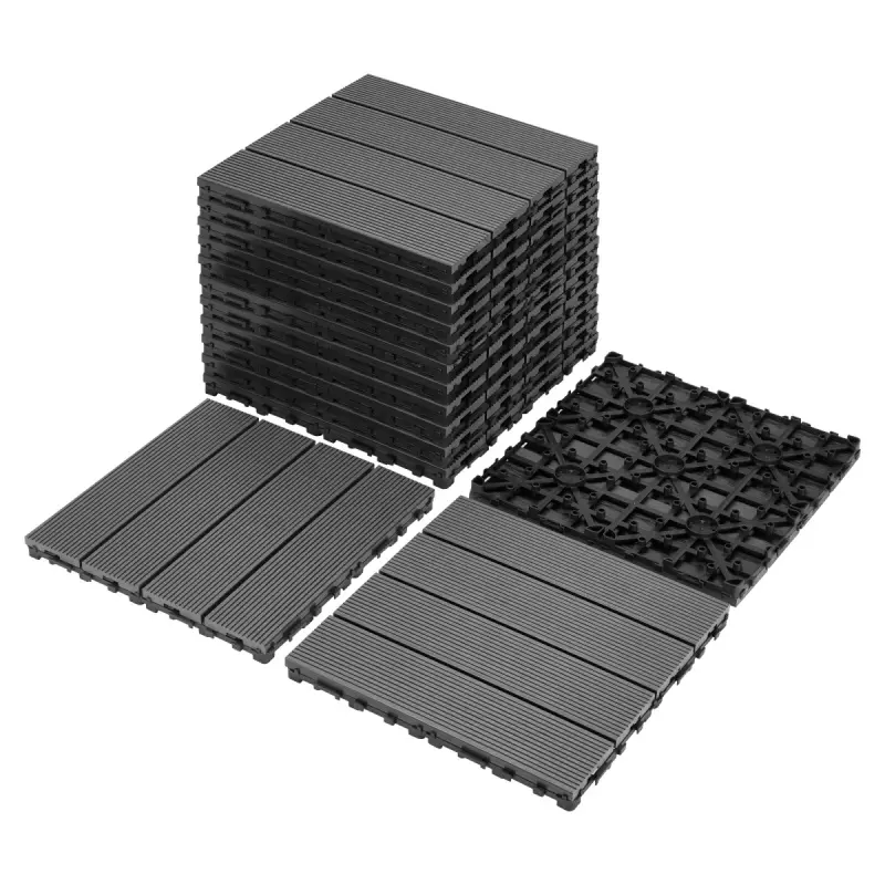 Eco-Friendly WPC Interlocking Deck Tiles, 9-Pack 11"x11"x1" 4-Slat per Tile, Waterproof Plastic Wood Click-Parquet Deck Panel Flooring for Patio, Showers, All-Weather WPC PVC Click-Parquet Building Supplies