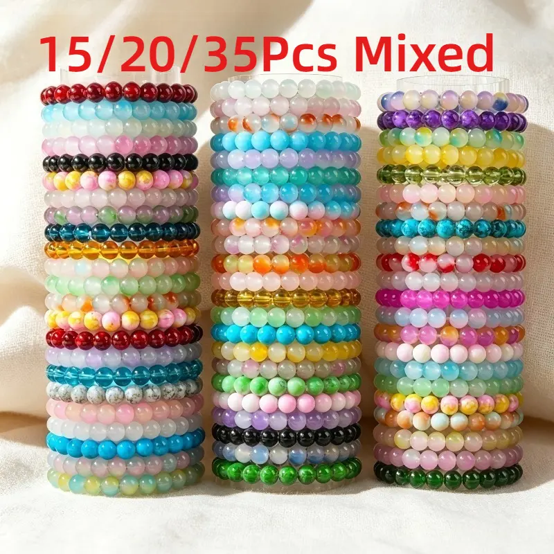 Colorful Glass Bead Stretch Bracelet Matching Sets - 15/20/35pcs Mixed Packs, Elastic Band Unisex Female Casual Jewelry for Daily Wear, Ideal Gift Item