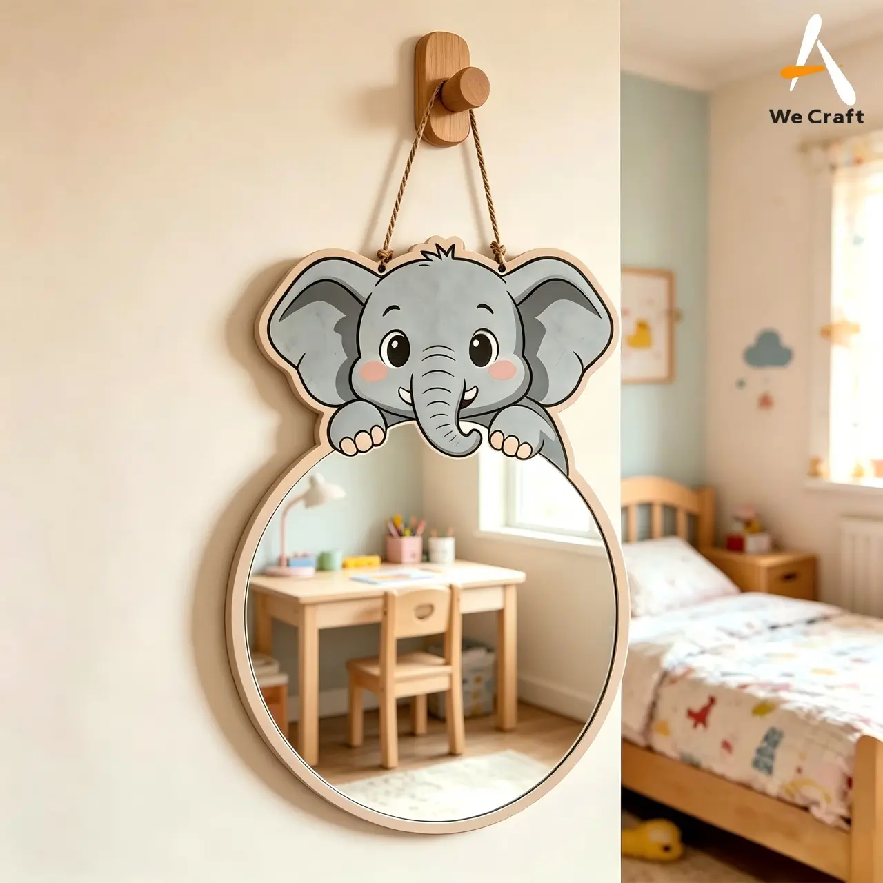 1Pc Cute Cartoon Elephant Multi-layer Wood Hanging Wall Mirror, Animal Shaped Decor Vanity Mirror, Creative Wall Decor Mirror for Bedroom Entryway