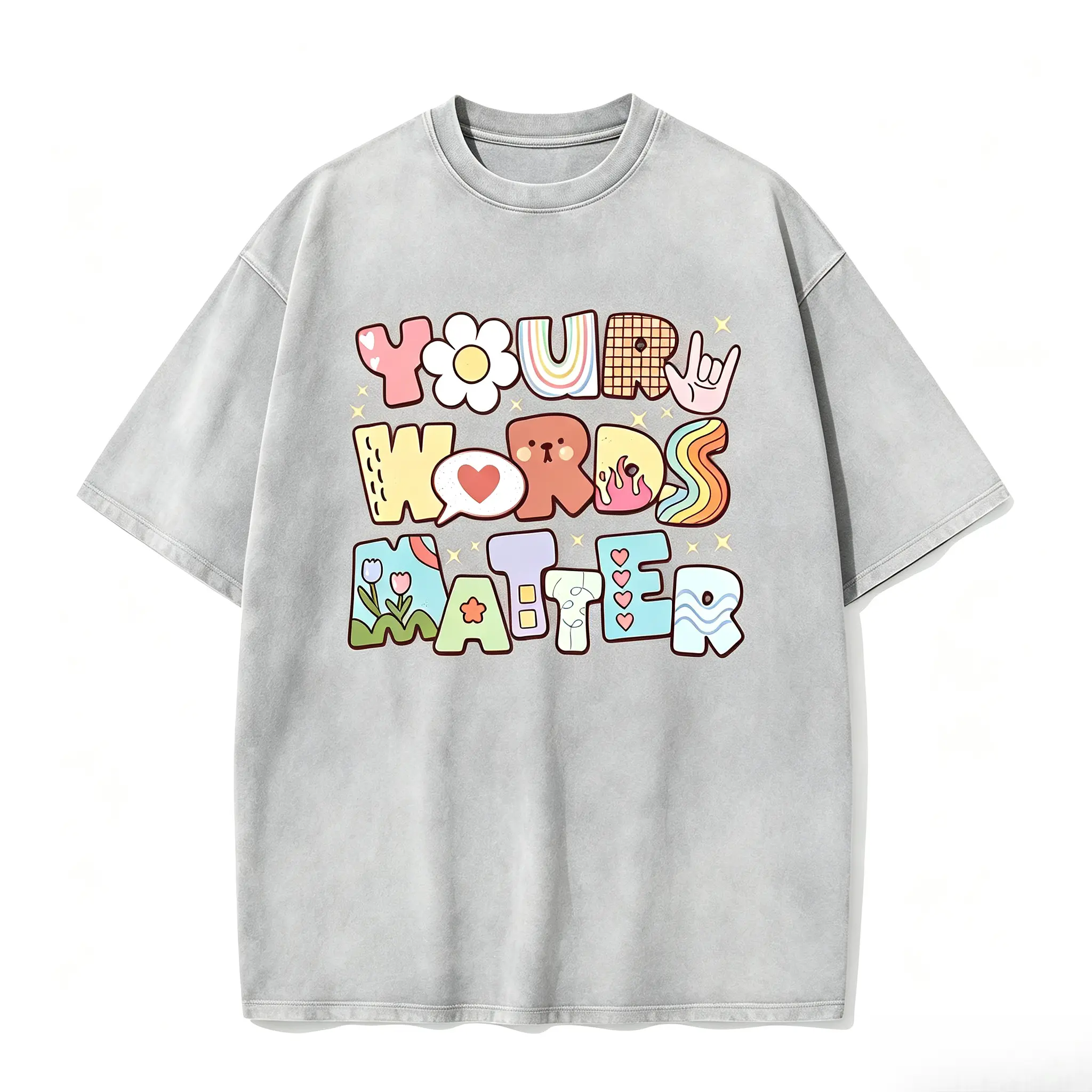 Women's Oversized 100% Cotton T-Shirt, Casual Comfy Everyday Fit Fabric, Colorful "Your Words Matter" Letter Graphic, Special Education Teacher Top, Unisex