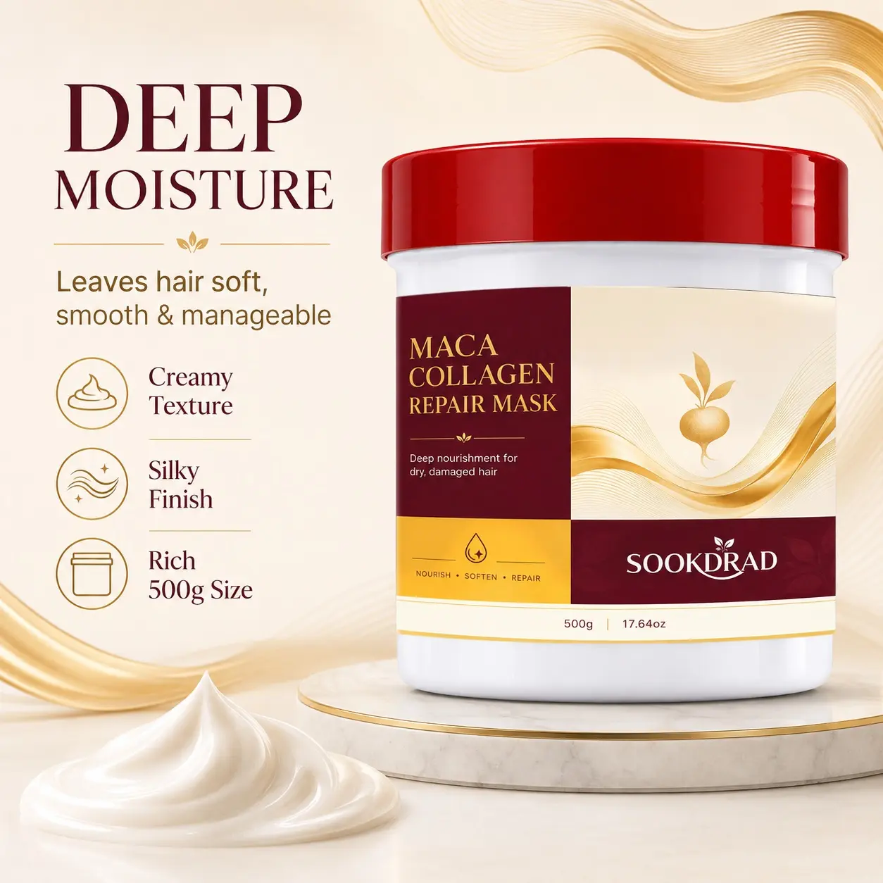 Maca Collagen Repair Mask, with maca collagen, deep nourishment, softening, repairing, for dry damaged hair, 500g/17.64oz