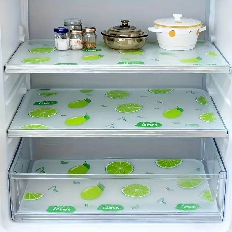 4pcs Thick Kitchen Refrigerator Mats, Washable, Cuttable, Oil-Resistant, Easy to Clean, Durable Non-Slip, Vibrant Lemon Pattern, for Fridge, Shelves, Freezer, Cabinets