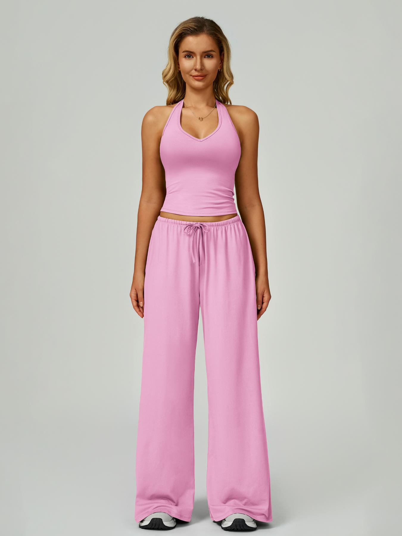 Women's Solid Crop Tank Top & Wide Leg Pants Set, Casual V Neck Sleeveless Top & Trousers for Daily Outdoor Wear, Ladies Sportswear for Summer Sports, Yoga and Airport Outfits, Gym Outfit