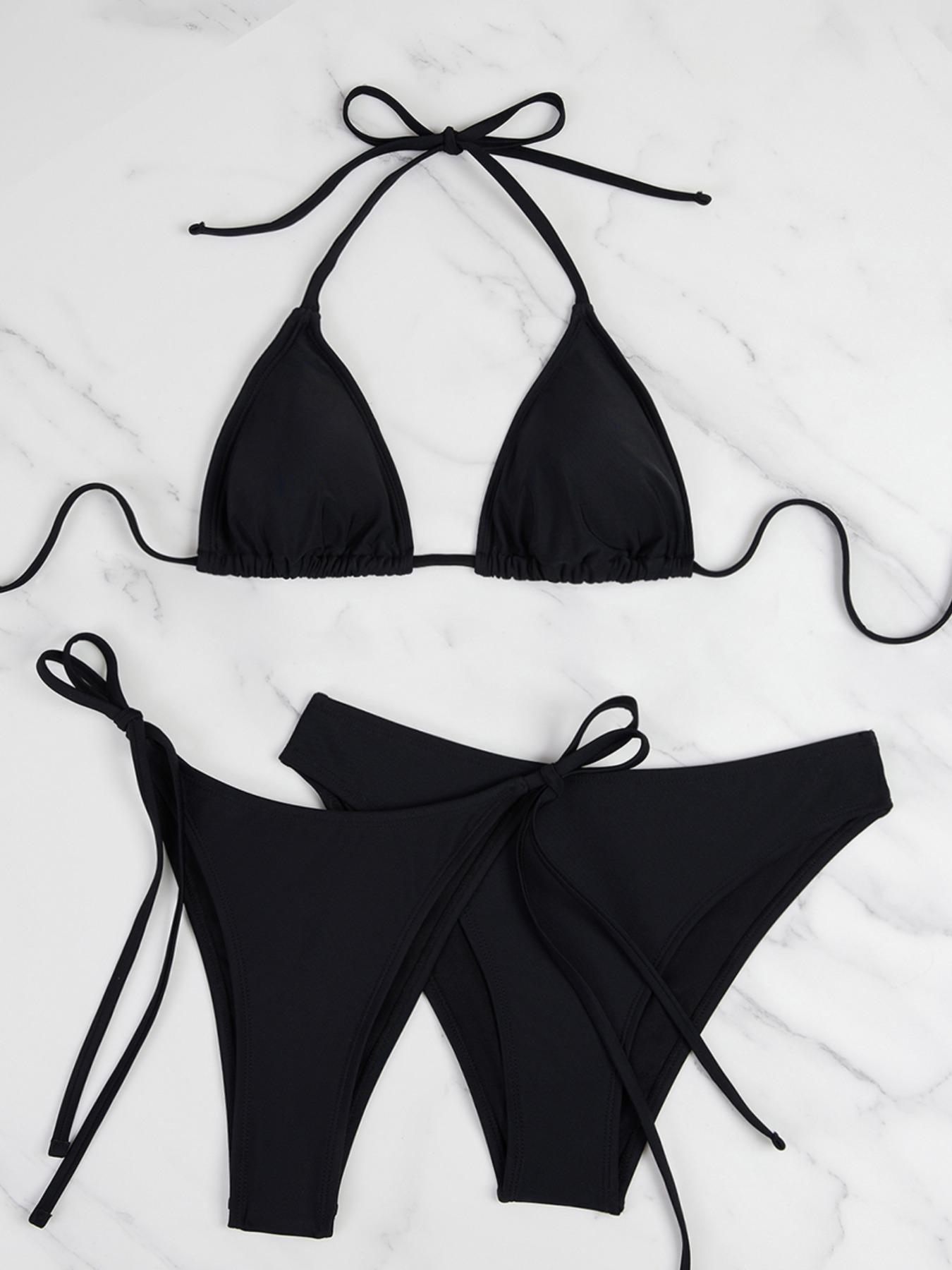 Three-Piece Set Women's Sexy Chic Plain Halter Bikinis Set, Tie Back Triangle Bikini Top & High Cut Bikini Panty & Tie Side Swim Bottom, Summer Swimsuit Sets, Swimsuit Style Bikini, Bathing Suits Women