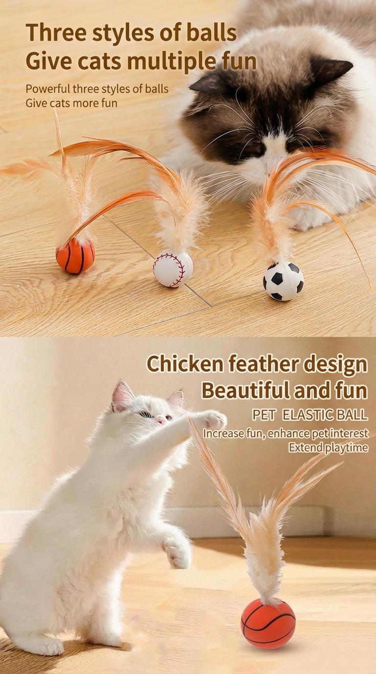 6-Pack Feather Bounce Cat Toys – Interactive Springy Balls for Cats, Basketball/Soccer/Baseball Designs with Soft Natural Feathers, Solo-Play Toys to Activate Hunting Instinct, Relieve Boredom & Anxiety, Safe Durable for Kittens & Adult Cats