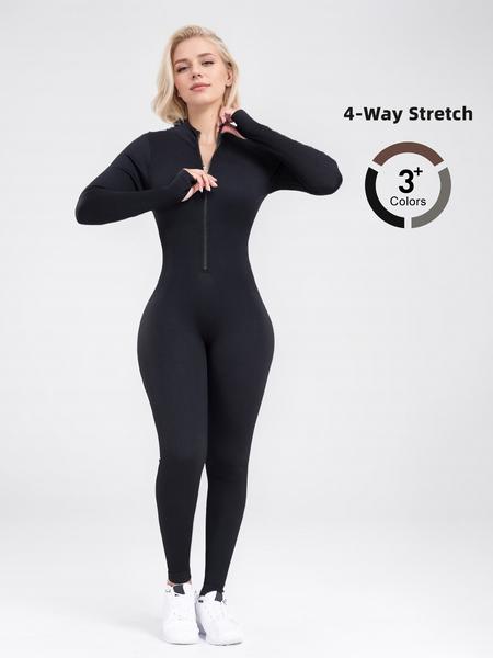 Women's Sporty Long Sleeve Zipper Jumpsuit, High Neck Tight-Fitting Fitness, Comfortable All-Season Activewear, Workout Jumpsuit