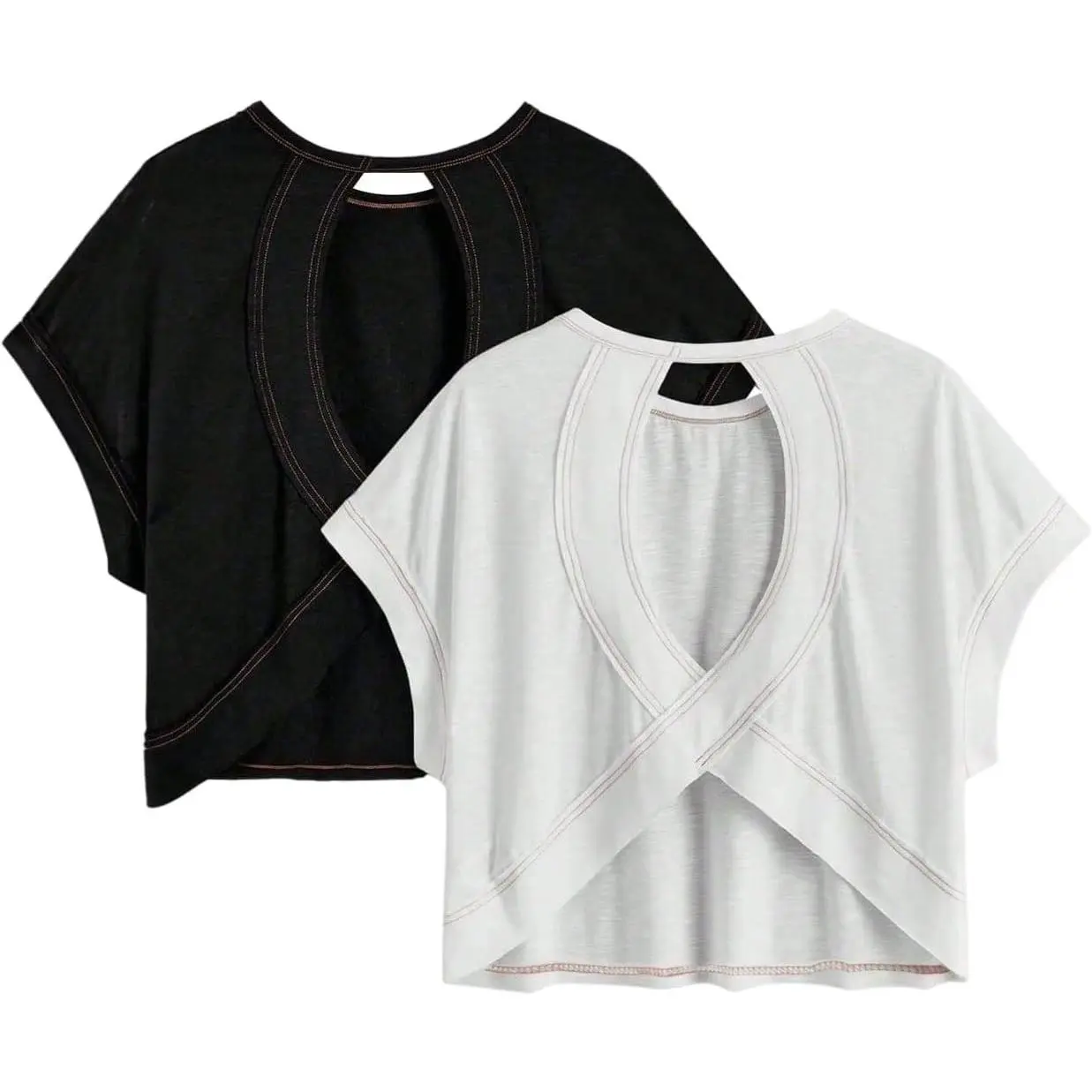 Women's 2 Packs Open Back Tops Criss Cross Cut Out Summer Casual T Shirt Crewneck Short Sleeve Backless Tee