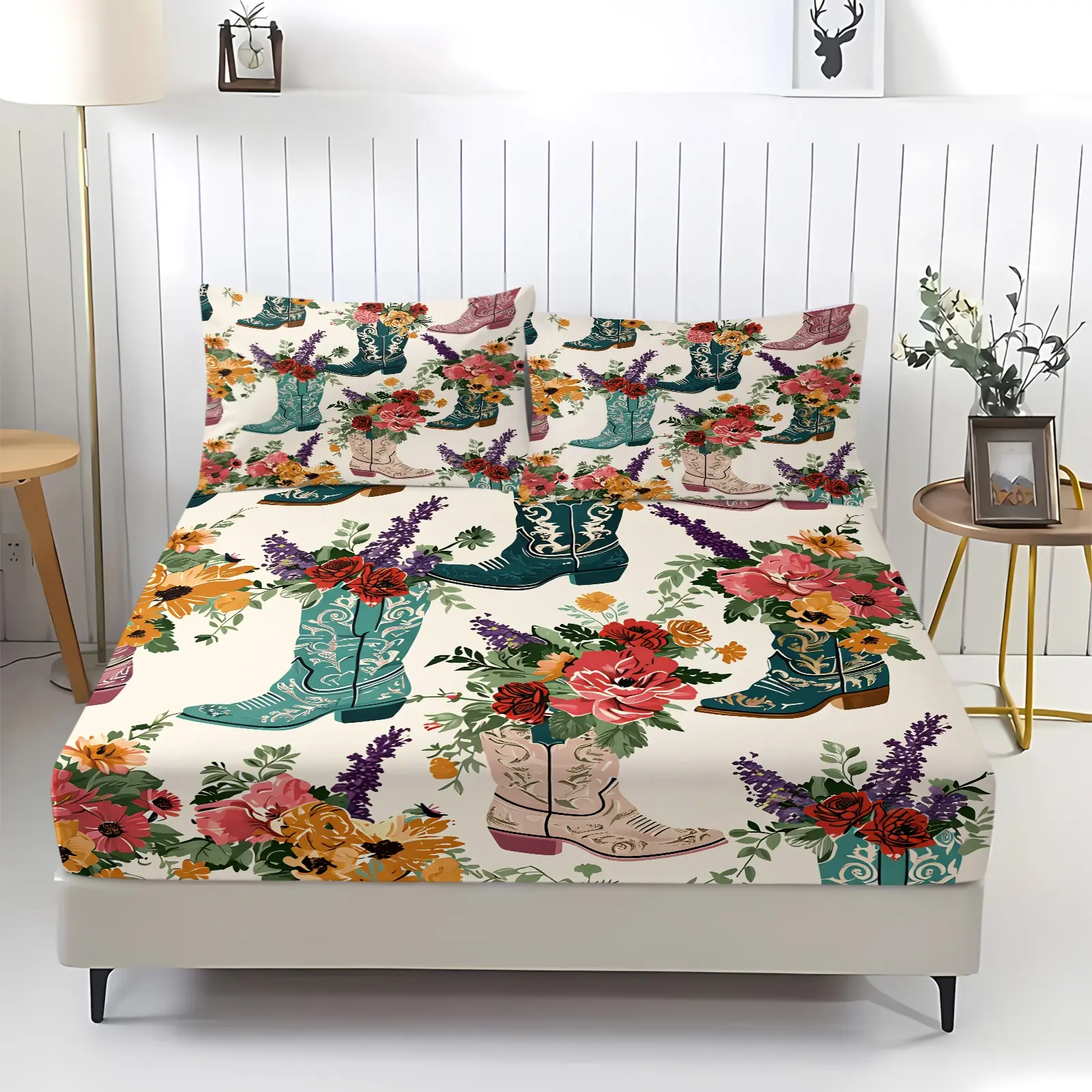 Western Cowgirl Boots Floral Print Fitted Sheet Set, 1 Fitted Sheet & 2 Pillowcase, Boho Country flower Bed Set All Size, Soft Skin-Friendly Cottage Bedding, Deep Pocket Elastic Mattress Cover, Country Style Housewarming Gift, Floral Sheets