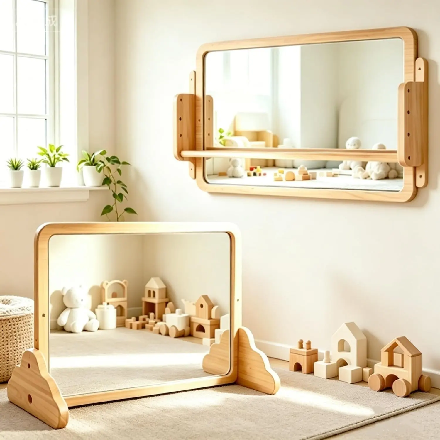 3-in-1 Montessori Baby Mirror with Bar, Tummy Time Mirror with Adjustable Pull-Up Bar & Shelf, Nursery Mirrors Montessori Learning Toy with Shatterproof Acrylic/ Natural Wood for Sensory Room Daycare