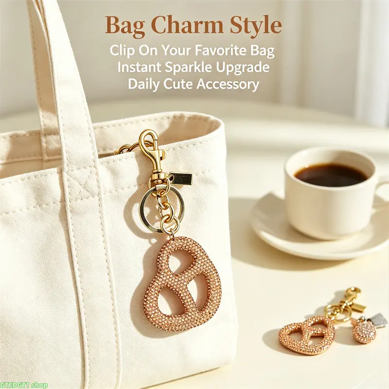 1 pcs Exquisite bag charm for women—featuring an elegant gold-tone pretzel design; this clip-on accessory is perfect for accenting everyday outfits and makes an ideal gift.