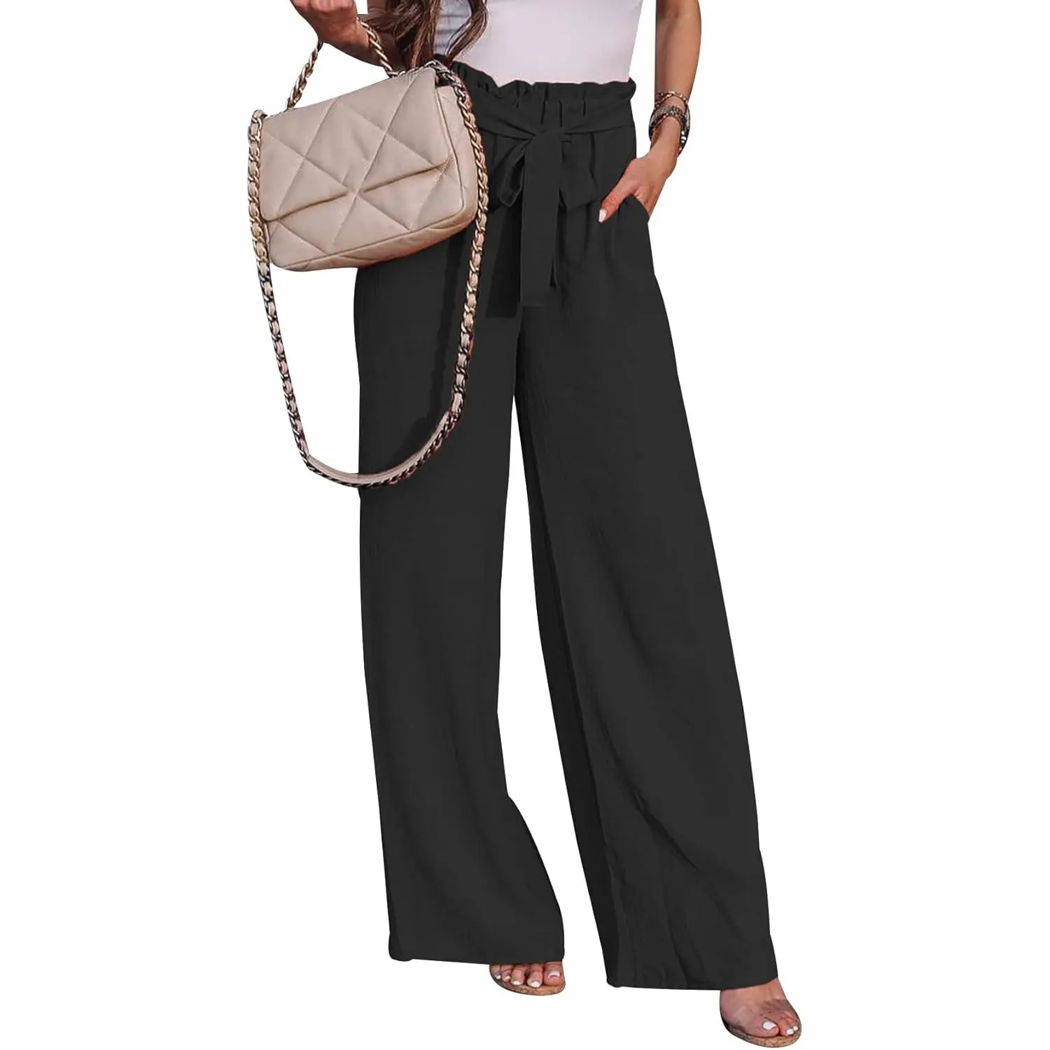Arssm Women High Waist Paperbag Wide Leg Long Palazzo Pants Business Work Office Casual Belted Flowy Trousers with Pockets(Black-S)