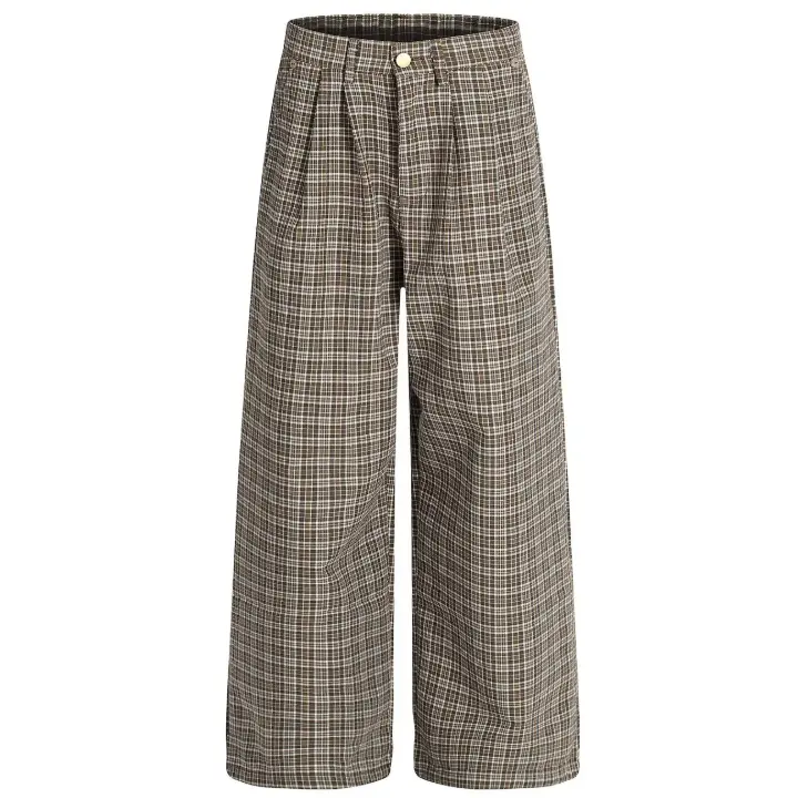 Men's American Retro Style Brown Fine Checked Double-Pleated Wide-Leg Pants - Stylish Classic Menswear for Street Commuting, Mature Relaxed High-Street Vibe#SummerWins, Clothes, Houndstooth, Ankle Length, Buttons Men's Pants, Cotton-Poly, Double Pleats, A