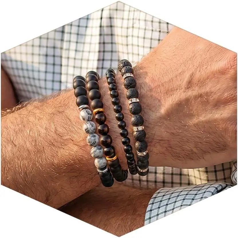 Men's Natural Stone Beaded Bracelet Set, 4 Pcs Stretch Stacking Bracelets with Lava Rock, Onyx, Tiger Eye, Howlite Beads