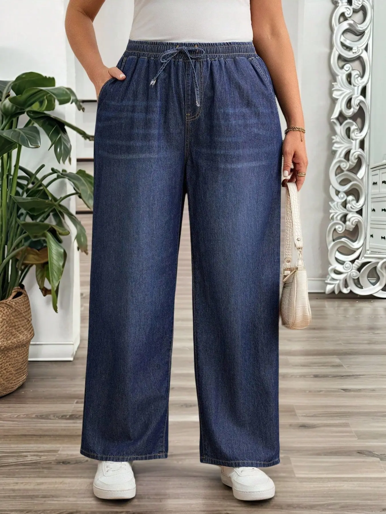 Casual Soft Denim Wide Leg Long Pants, Adjustable Waist, Loose Fit, Straight Leg, Comfortable and Stylish, Perfect for Daily Wear