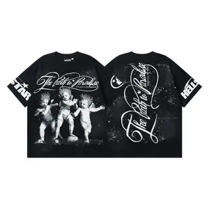 HELLSTAR Cherubs Angel Print Colorful Washed Cotton T-Shirt for Men, Summer New Drop Oversized Breathable Streetwear Casual Tee, Little Angel Graphic Y2K Hype Vintage Washed Soft Comfortable Lightweight Street Fashion Top