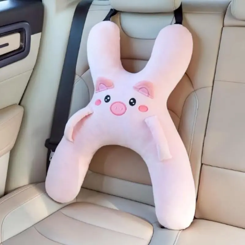 Kids Car Neck Pillow with Seat Belt Safety Sleep Aid, Cute Soft Plush Pig Design, Cozy, Prevents Head Leaning, Comfortable for Long Travel