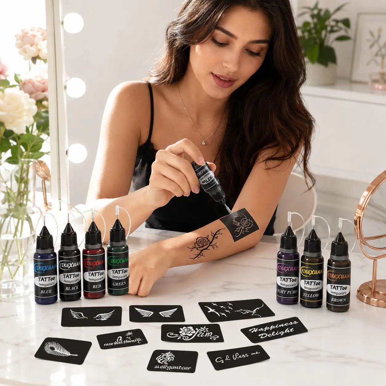 7 Color Temporary Tattoo Ink Set with 24 Stencil Templates, DIY Temporary Tattoo Kit, Tattoo Supplies, Perfect for Parties and Gatherings