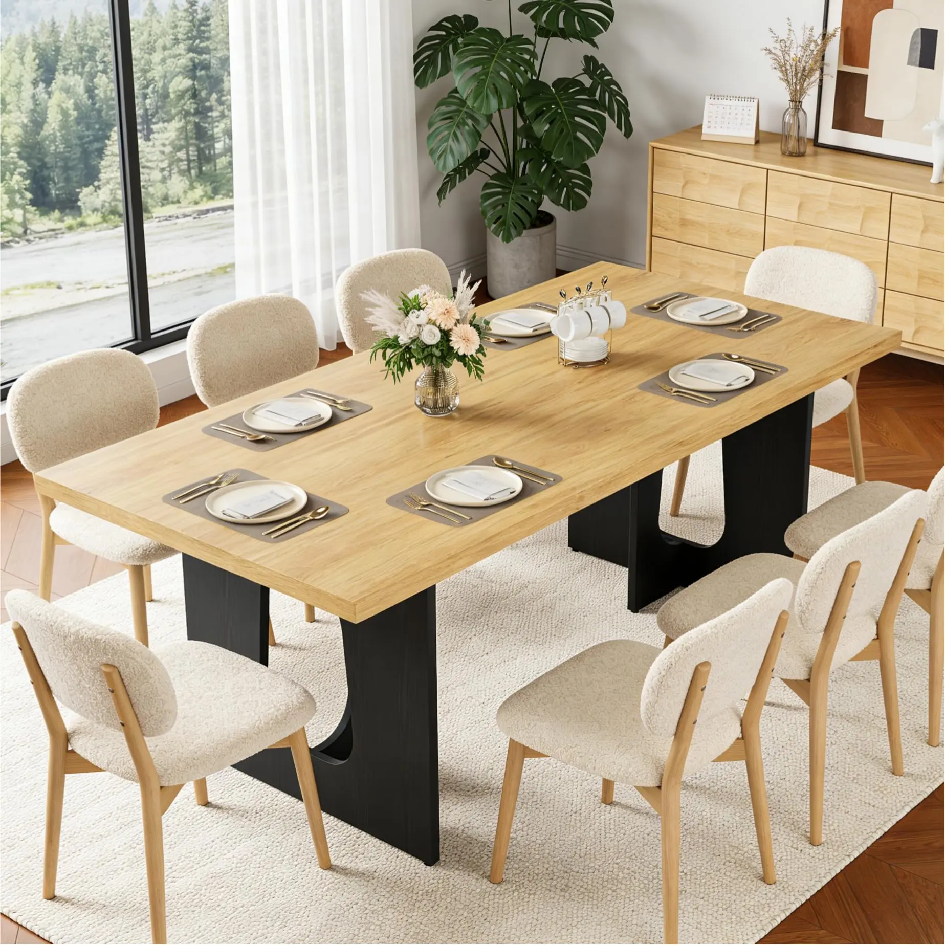 71 Inch Modern Farmhouse Rectangular Dining Table Seats 6-8 People, Extra Thick Walnut Wood Tabletop with Heavy-Duty Black Metal Pedestal Base, Large Family Dining Furniture