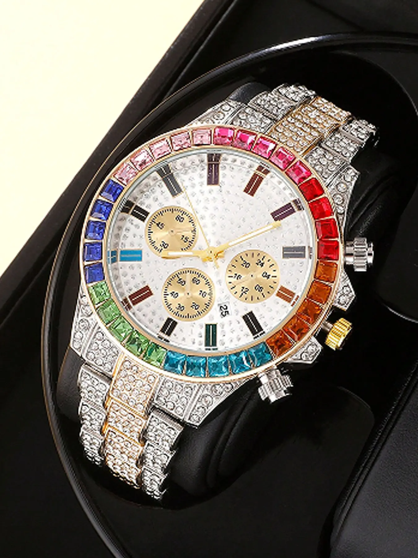 Men's Fashion Colorful Rhinestone Decorated Quartz Watch, Fashion Watch for Party, Daily Clothing Decor, Trendy All-match & Exquisite Watch for Birthday Gift, Analog Quartz Wristwatch