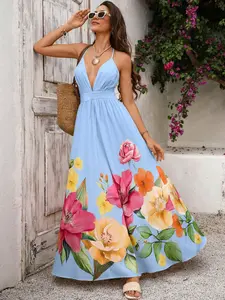 Women's Casual Vacation Boho Style Halter Dress, Deep V Neck Design, Backless Detail, Flowy Wide Hem, Summer Floral Print