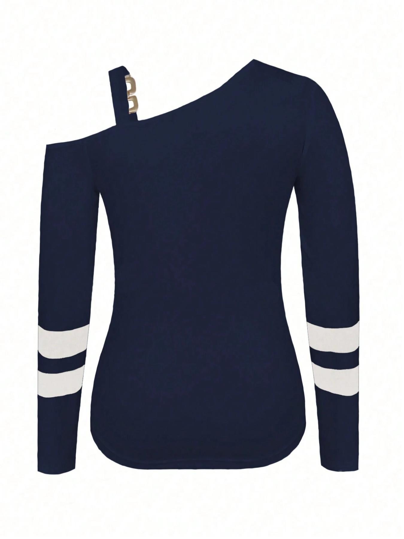 Women's Anchor Print Asymmetrical Neck Tee, Casual Long Sleeve Fitted T-shirt for Daily Wear, Ladies Clothes for All Seasons, Clothing, Top