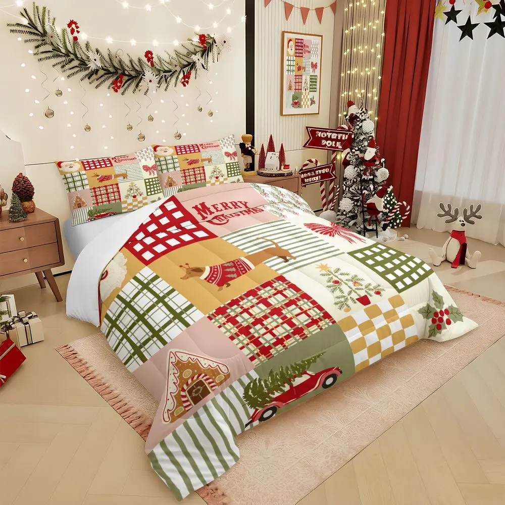 2/3Pcs Christmas Patchwork Bedding Set, Holiday Santa & Dachshund Print Quilt, Festive Soft Microfiber Comforter Set for Bedroom Decor, Cozy Xmas Bedspread with Pillowcase No Pillow Core