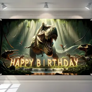 2D Flat Dinosaur Birthday Banner, Cartoon T-Rex & Friends Party Backdrop, Single-Sided Polyester Fabric, Metal Grommets for Easy Hanging, Birthday Party Decoration