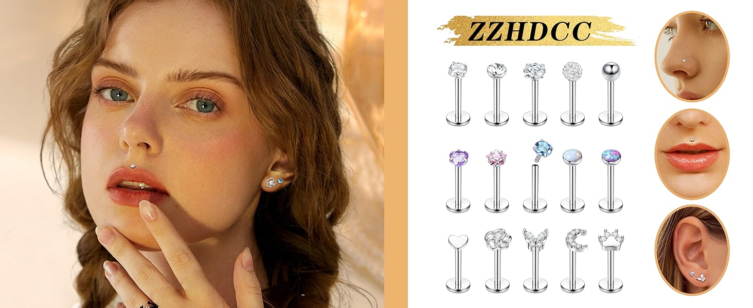 15PCS 16G 18G Stainless Steel Lip Studs for Women Internally Threaded Labret Lip Ring CZ Opal Flat Back Nose Rings Stud Cartilage Helix Tragus Earrings Piercing