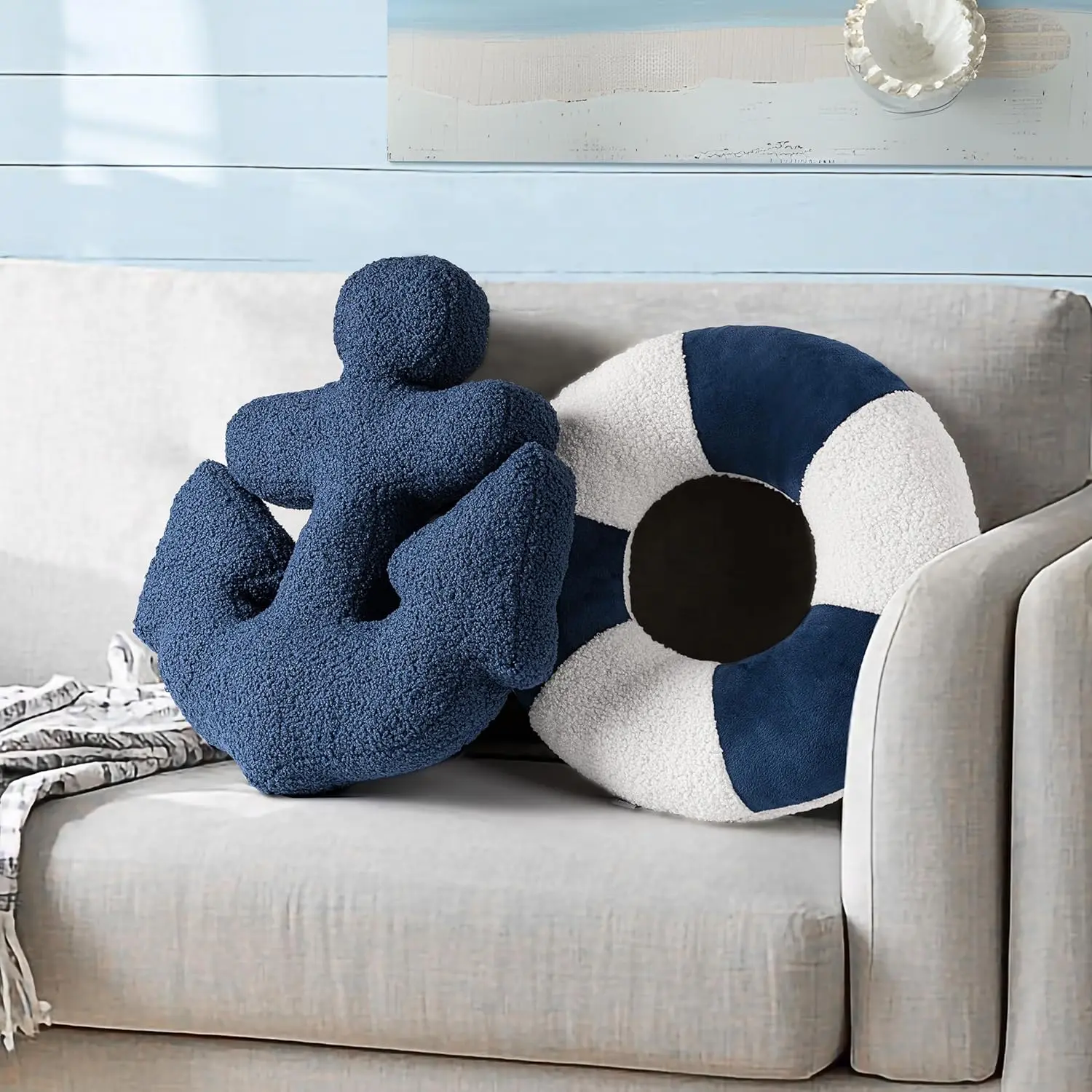 Nautical Theme 3D Anchor & Lifebuoy Fabric Pillows (Set of 2, 19.6in & 15.7in, Navy Blue-White) - Living Room Decor for Beach Lovers, Coastal Sofa Couch Bedroom Accents, Coastal Decor